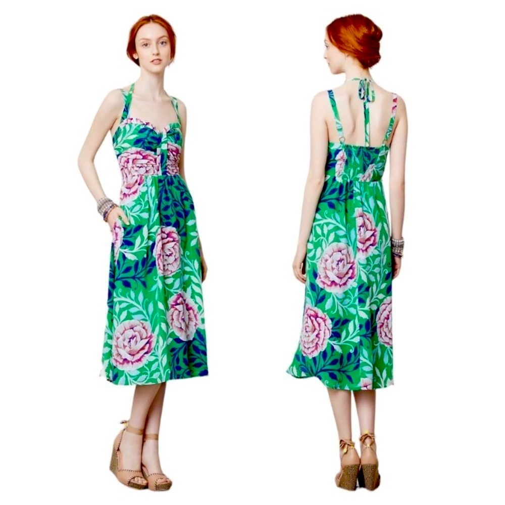 Anthropologie x Moulinette Soeurs 100% Silk Rosamund Green Floral Midi Dress